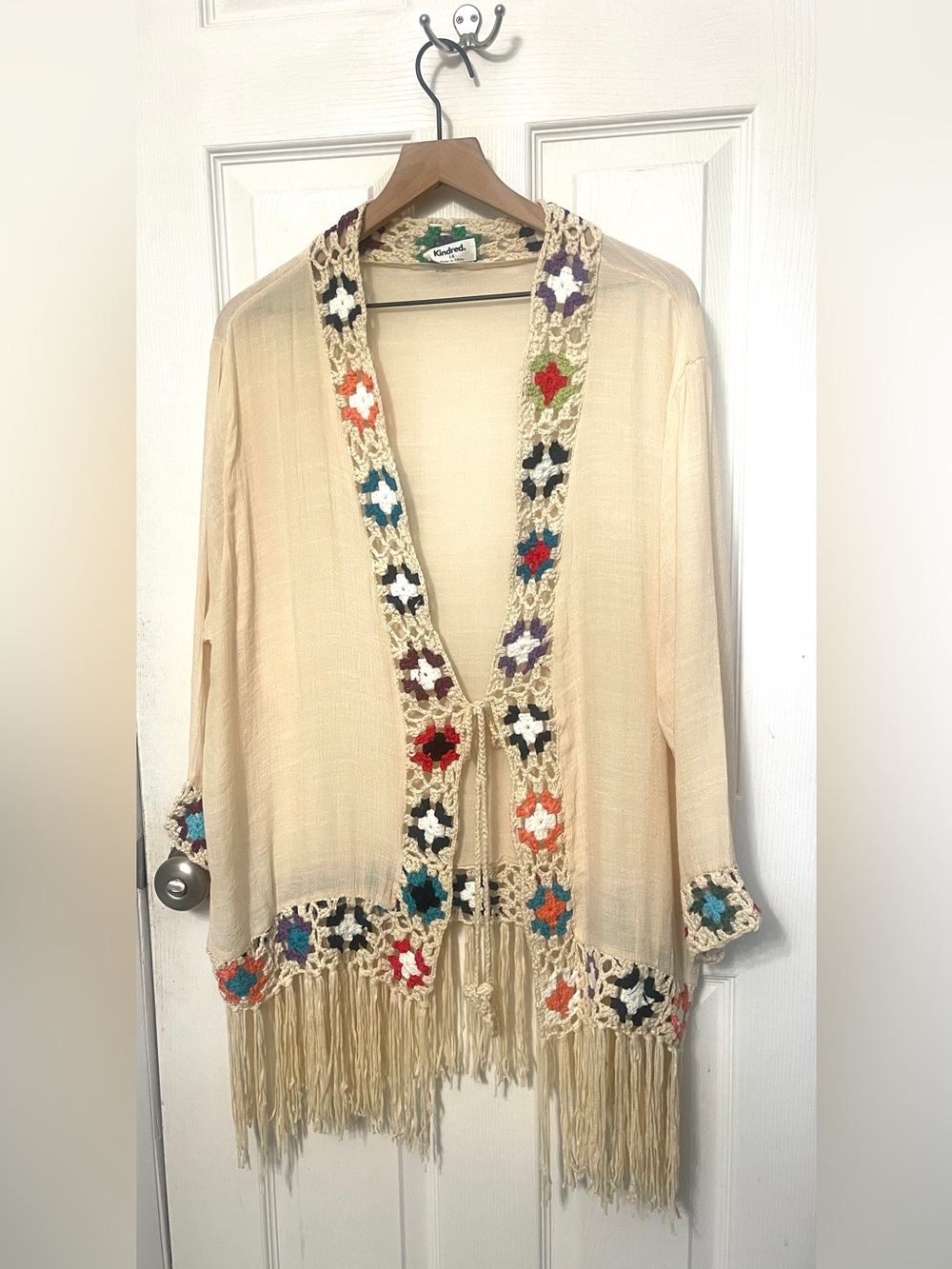 Anthropologie Kindred Boho Crochet Fringe Cream Kimono Cardigan Size 1X